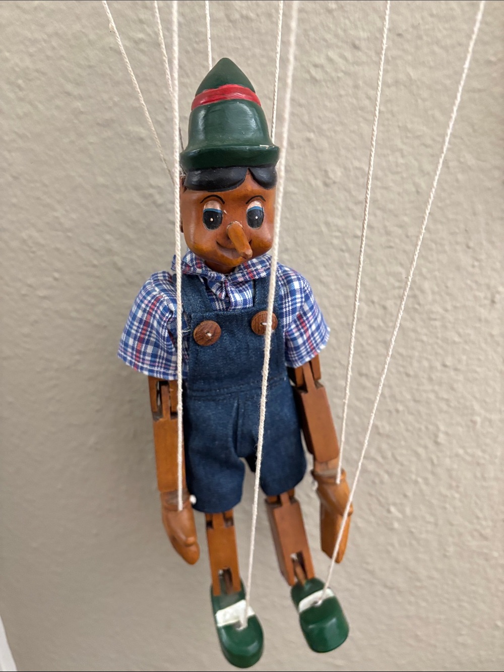 Wooden Pinocchio-Style Marionette Puppet in Green Hat